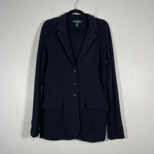 Lauren Ralph Lauren Cotton Knit‎ Blazer Womens XL Black Jacket Crested Buttons